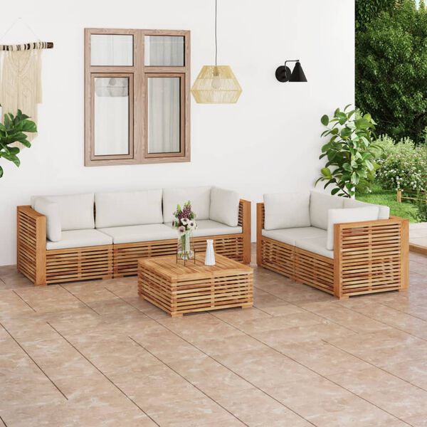 vidaXL 6 Piece Patio Lounge Set with Cream Cushion Solid Teak Wood