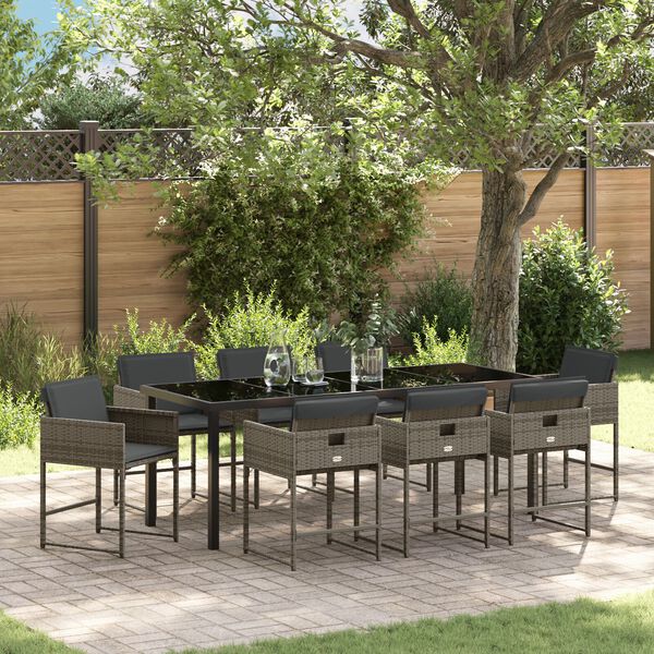 vidaXL Garden Dining Set with Cushion 9 pcs Grey Poly Rattan