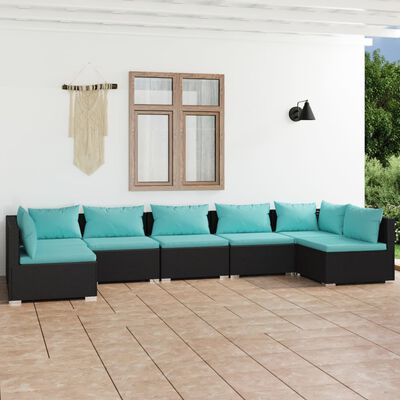 vidaXL 7 Piece Patio Lounge Set with Cushions Poly Rattan Black