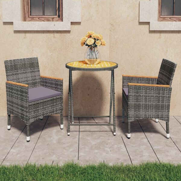 vidaXL 3 Piece Patio Bistro Set Poly Rattan and Acacia Wood Gray