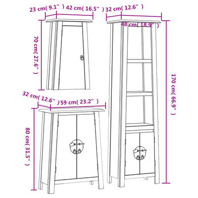 Technical drawing showing dimensions for multiple wooden bathroom cabinets: tall cabinet, shelf cabinet, and bottom cabinet with measurements in pink