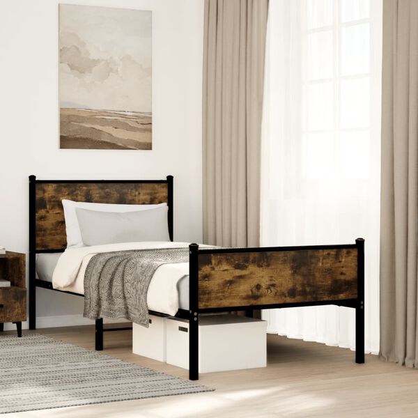 vidaXL Bed Frame Smoked Oak Steel, Engineered Wood Small Single
