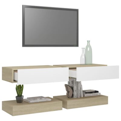 vidaXL TV Stands with LED Lights 2 Pcs White and Sonoma Oak 23.6"x13.8"