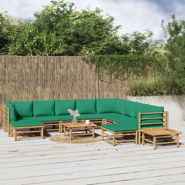 vidaXL Garden Lounge Set Natural Bamboo, Green Cushions Bamboo, Polyester
