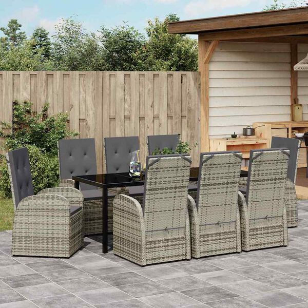 vidaXL Garden Dining Set with Cushion 9 pcs Grey Poly Rattan