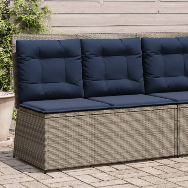 vidaXL Reclining Patio Bench Grey poly rattan, Navy blue cushions