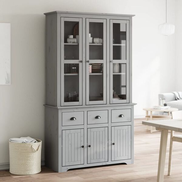 vidaXL Highboard Grey Solid pine wood, engineered wood, metal, glass Large