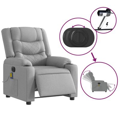 Grey recliner with circular control knob, side pocket, and a highlighted remote/adjustment diagram