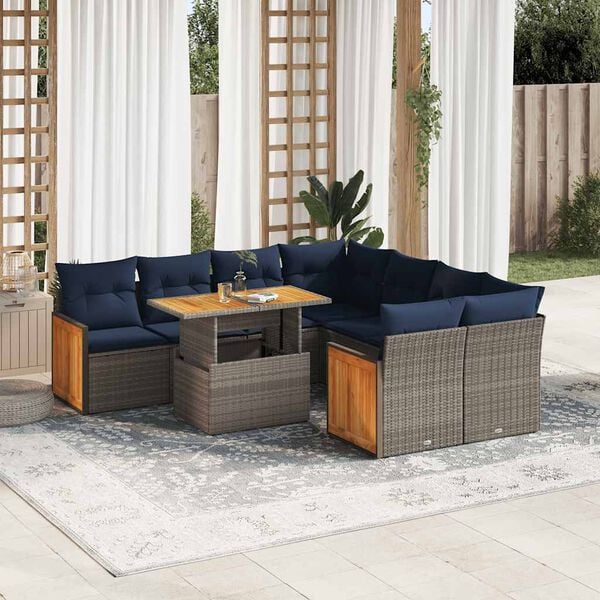 vidaXL 9 Piece Patio Sofa Set with Cushions Gray Poly Rattan Acacia