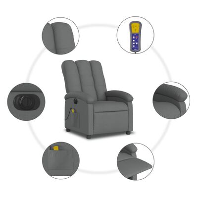 Centered composition of recliner with circular feature icons surrounding it.