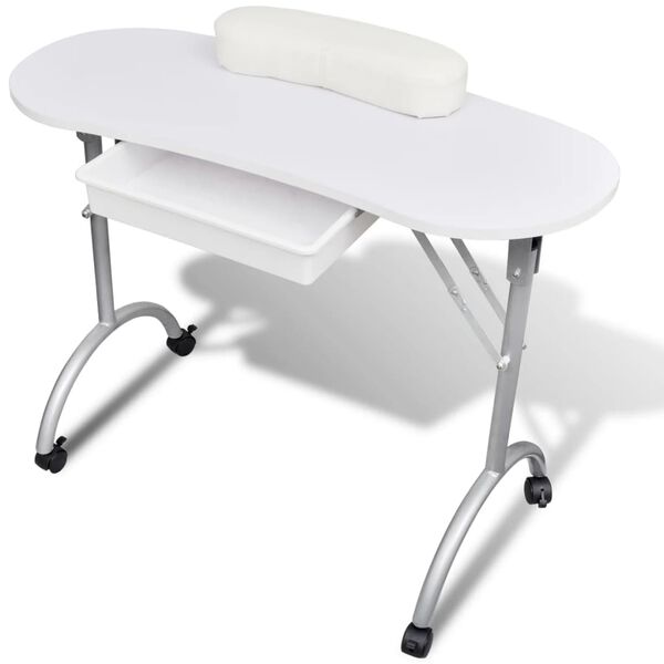 White Foldable Manicure Nail Table with Castors