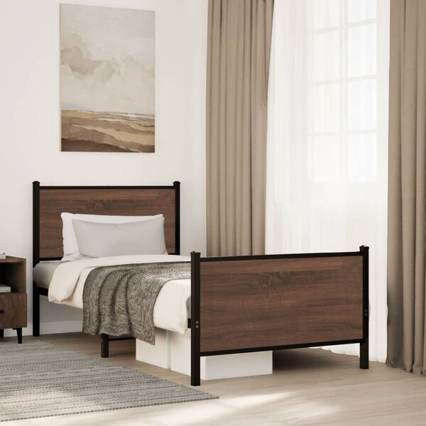 vidaXL Bed Frame Brown Oak Steel, Engineered Wood Small Single Bed Frame