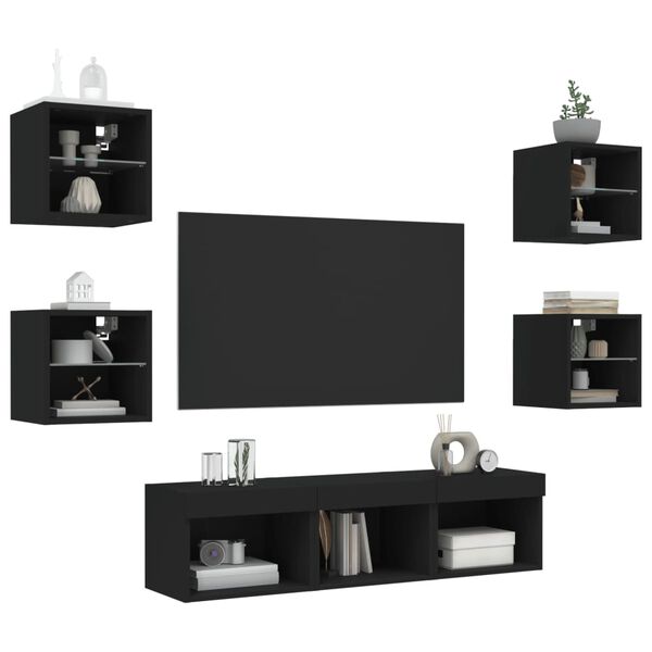 vidaXL TV Wall Unit Set of 7 Black Engineered Wood, Glass Large