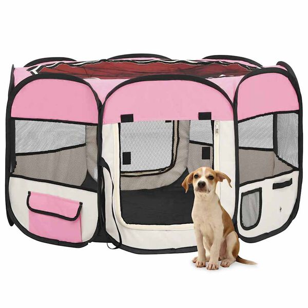 vidaXL Dog Playpen Pink and Cream Polyester and Steel Medium Foldable