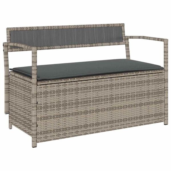 vidaXL Garden Storage Bench Grey PE Rattan, Powder-Coated Steel, Plywood