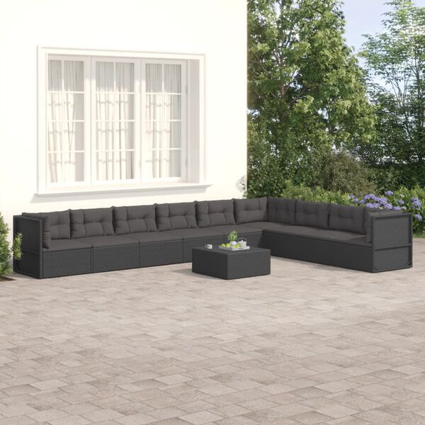 vidaXL 9 Piece Patio Lounge Set with Cushions Black Poly Rattan