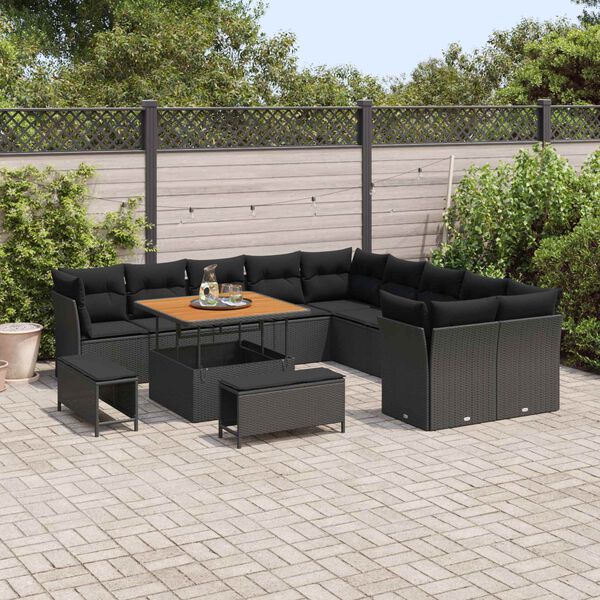 vidaXL Garden Sofa Set with Cushion 13 pcs Black Poly Rattan