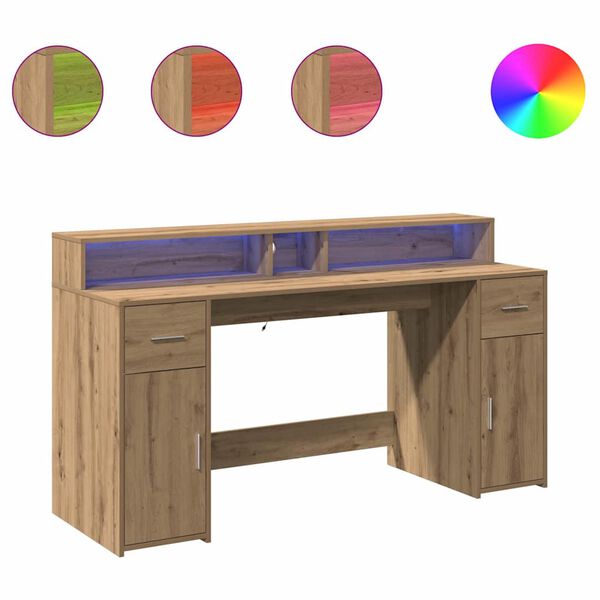 vidaXL Desk with LED Lights Artisian Oak 63.0x21.7x35.8" Engineered Wood