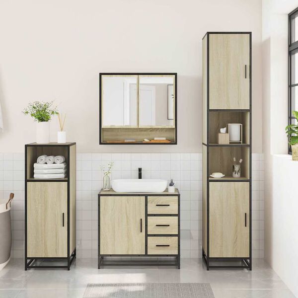 vidaXL Bathroom Furniture Set Sonoma oak Engineered wood, metal, glass