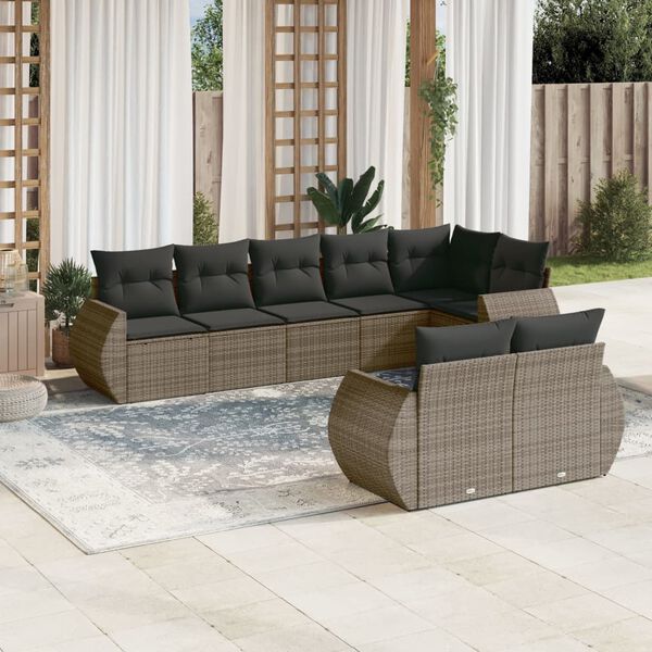 vidaXL Patio Sofa Set Grey Poly Rattan, Powder-Coated Steel, Fabric Large