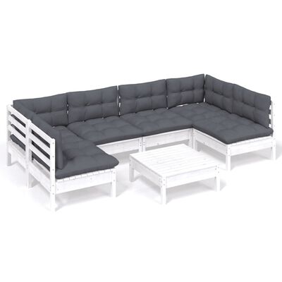 vidaXL 7 Piece Patio Lounge Set with Cushions White Solid Pinewood