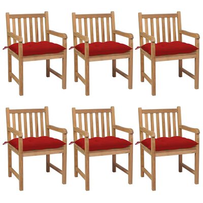 vidaXL Patio Chairs 6 pcs with Red Cushions Solid Teak Wood