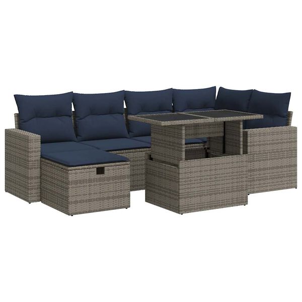 vidaXL 7 Piece Patio Sofa Set with Cushions Grey Poly Rattan Acacia