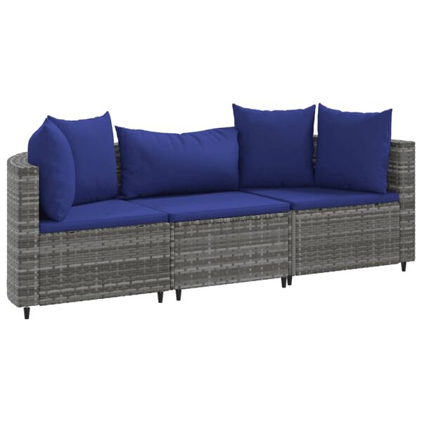 vidaXL Patio Sofa Set Set of 3 Gray PE rattan Medium Adjustable Feet