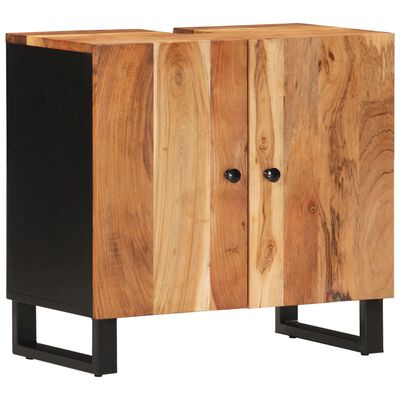 Wooden cabinet with natural wood doors and black base; two cabinet doors with round black knobs.