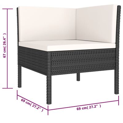 Dimensions of an outdoor sectional chair: height 67 cm, width 69 cm and depth 69 cm labeled in pink.