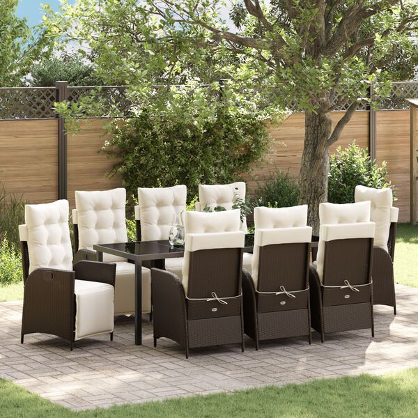 vidaXL Garden Dining Set with Cushion 9 pcs Brown Poly Rattan