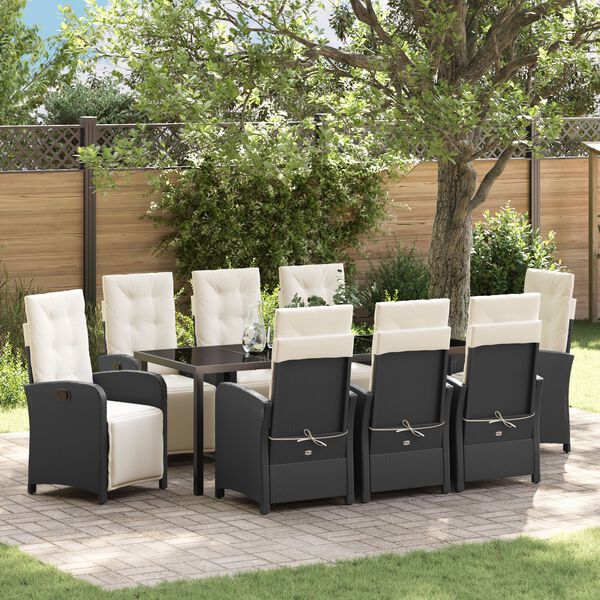 vidaXL Garden Dining Set with Cushion 9 pcs Black Poly Rattan