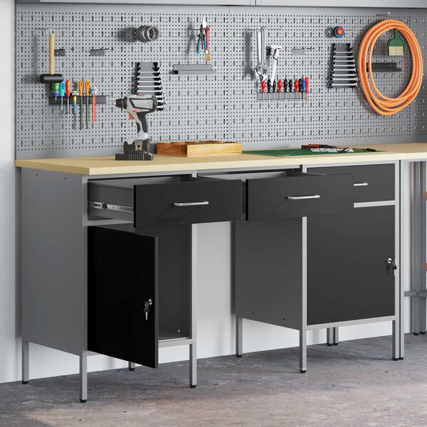 vidaXL Work Cabinet with Drawer with Lock 3 pcs Black 150 x 55 x 85 cm
