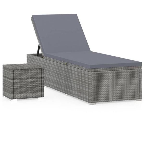 vidaXL Sun Lounger with Cushion and Tea Table Poly Rattan Gray