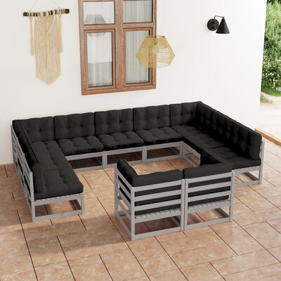 vidaXL 11 Piece Patio Lounge Set with Cushions Gray Solid Pinewood