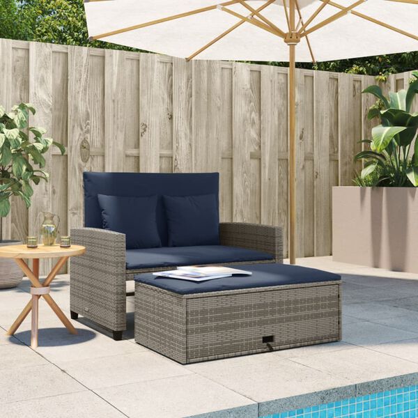 vidaXL Patio Sofa Grey and Navy Blue PE rattan and powder-coated steel