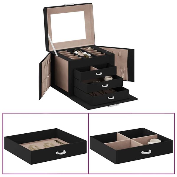 vidaXL Jewellery Box 4-Layer with Mirror Lockable Black 8.9x6.9x6.5"