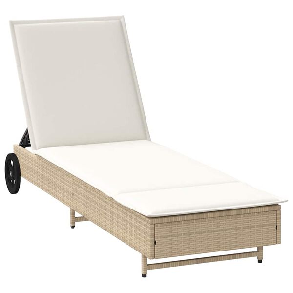 vidaXL Sun Lounger with Wheels and Cushion Beige Poly Rattan