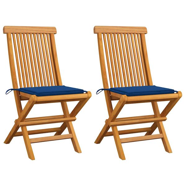 vidaXL Patio Chairs with Royal Blue Cushions 2 pcs Solid Teak Wood