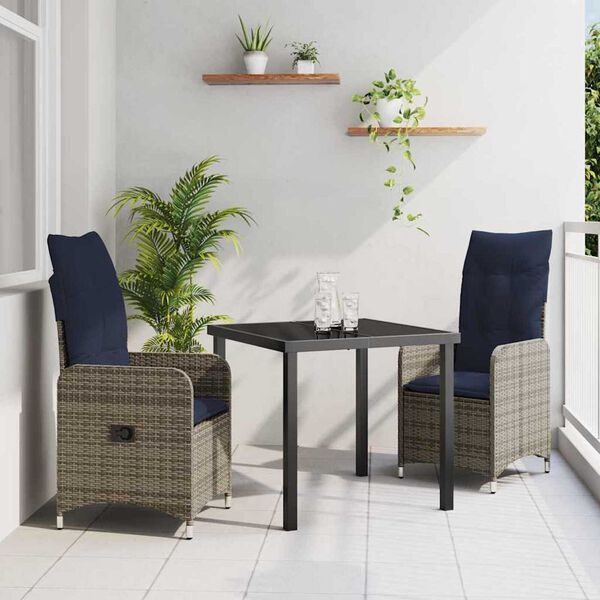 vidaXL Table and Chair Set with Cushion 3 pcs Grey PE Rattan