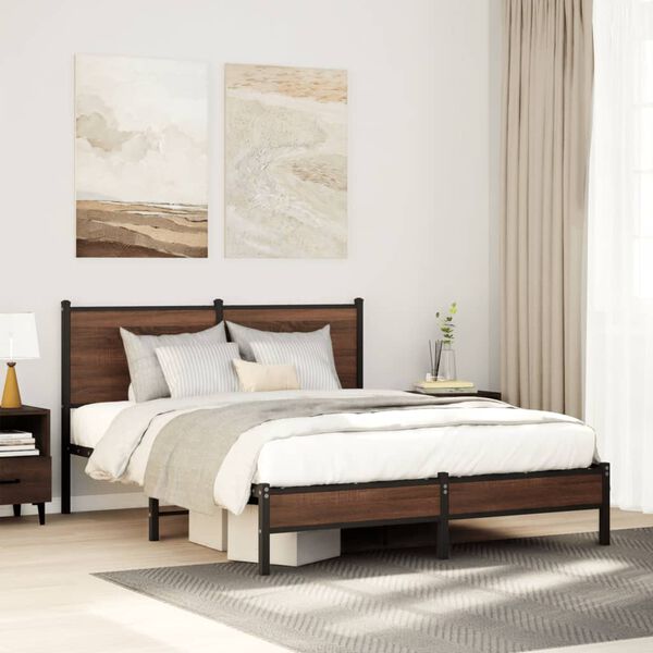 vidaXL Bed Frame Brown Oak Steel and Engineered Wood Double Bed Frame