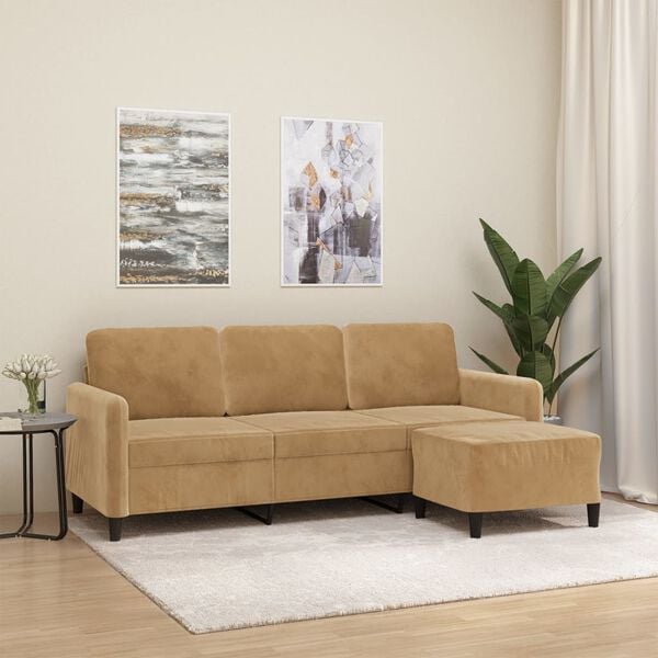 vidaXL 3-Seater Sofa With Footstool Brown Velvet (100% polyester) 3-Seater