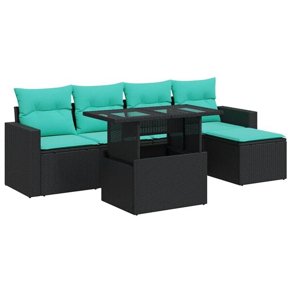 vidaXL 6 Piece Patio Sofa Set with Cushions Black Poly Rattan Acacia