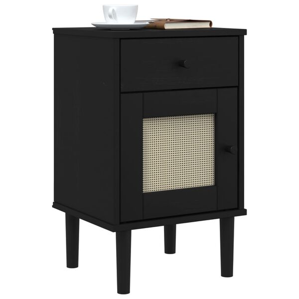 vidaXL Bedside Cabinet Black Solid pine wood, engineered wood, poly rattan