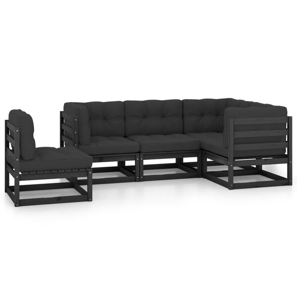 vidaXL Garden Lounge Set Black Solid Pinewood, 100% Polyester Medium