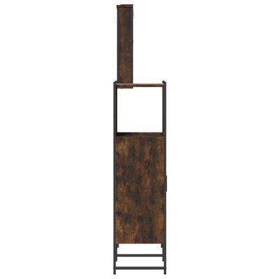 Tall narrow cabinet with door and metal frame, rustic brown finish.