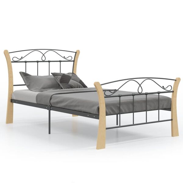 vidaXL Bed Frame Black and natural wood Powder-coated metal, solid oak wood