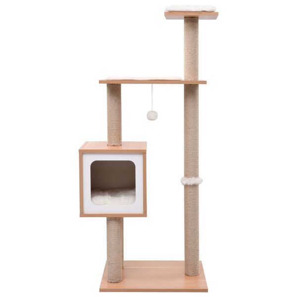 vidaXL Cat Tree Brown, White Wood, MDF, veneer, sisal, jute, faux fur