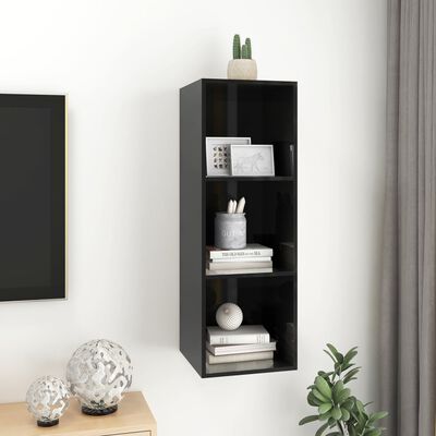vidaXL Wall-mounted TV Cabinet High Gloss Black 14.6"x14.6"x42.1" Chipboard