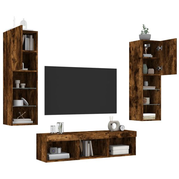 vidaXL TV Wall Unit Set of 5 Smoked oak Engineered wood, glass Large